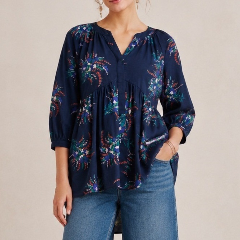 Maeve Anthropologie‎ Winona Floral Babydoll Tunic Top Navy Cotton Medium